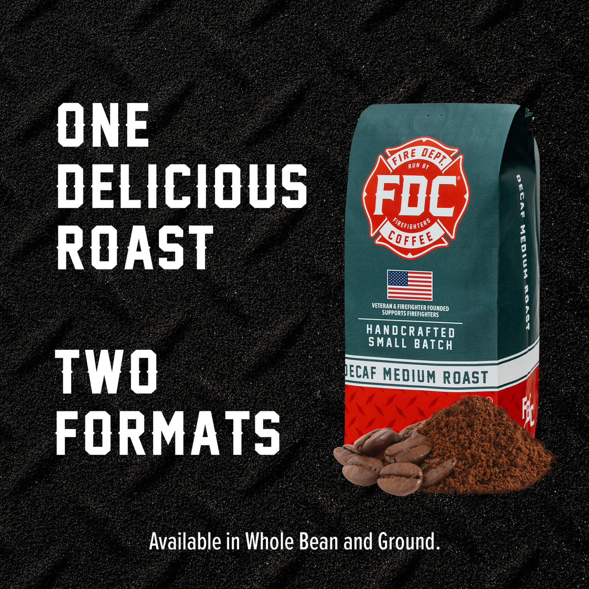 Decaf Coffee bag in a graphic showing whole bean and ground options