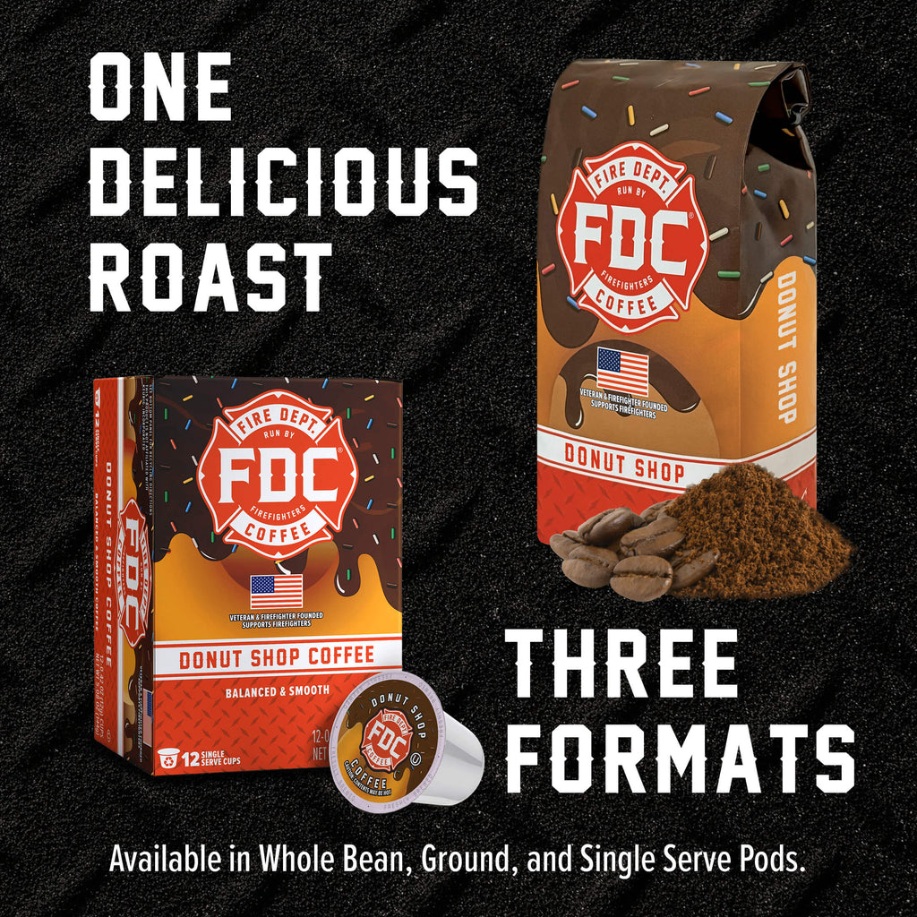 Donut Shop Coffee Pods box and pod beside a matching coffee bag in a format comparison
