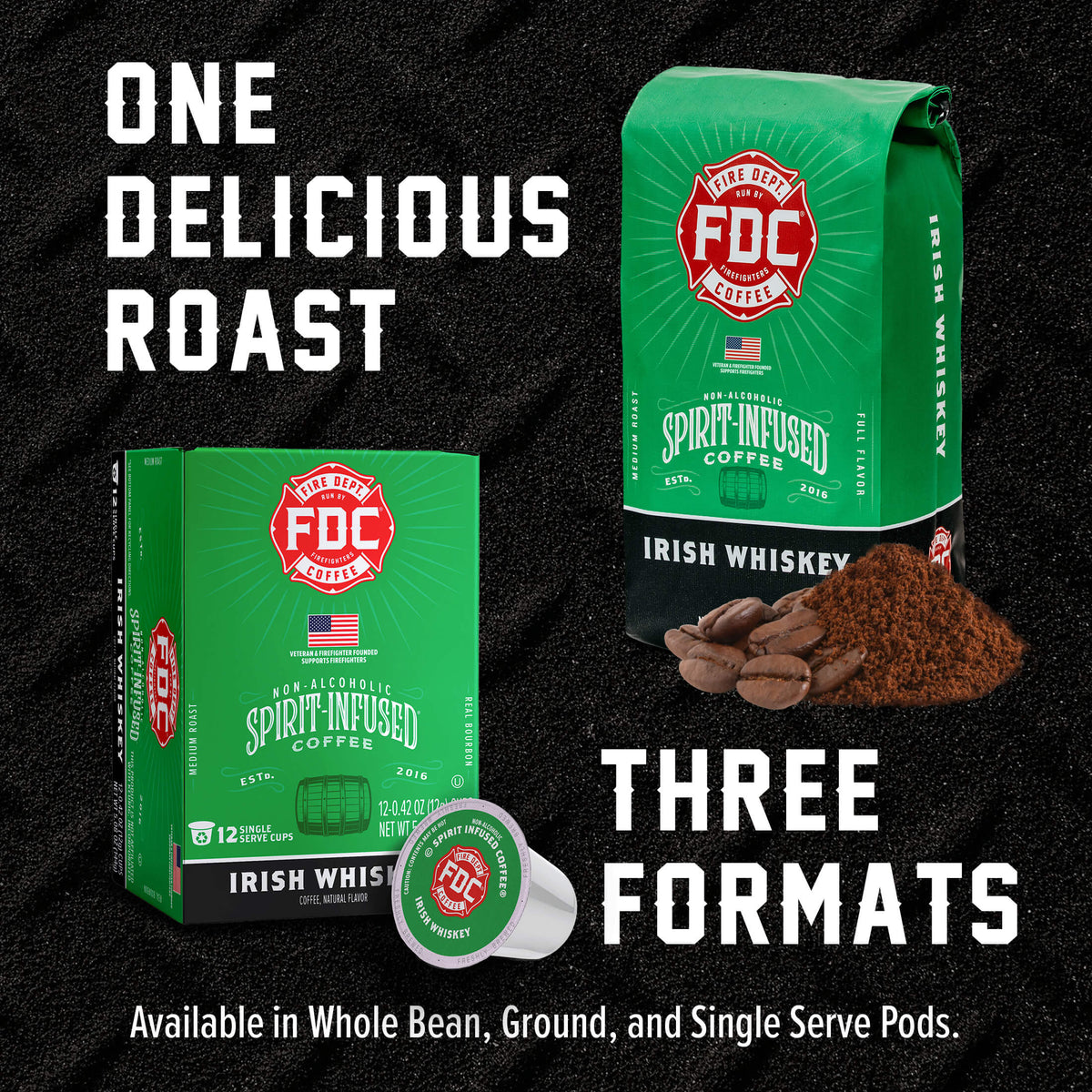 Irish Whiskey Infused Coffee bag, pod box and single pod showing the available coffee formats