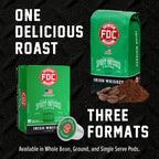 Irish Whiskey Infused Coffee Pods box and pod beside a matching coffee bag in a format comparison