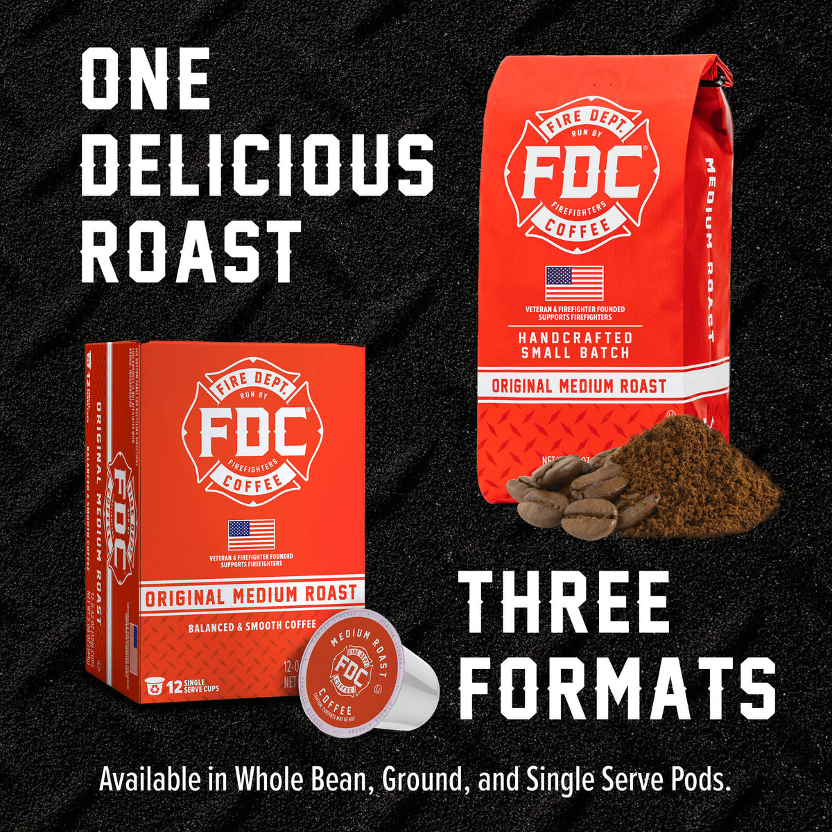 Original Medium Roast Coffee Pods box and pod beside a matching coffee bag in a format comparison