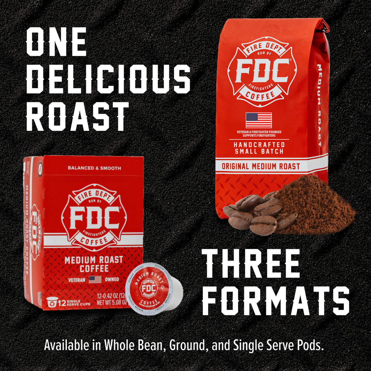 Original Medium Roast Coffee bag, pod box and single pod showing the available coffee formats