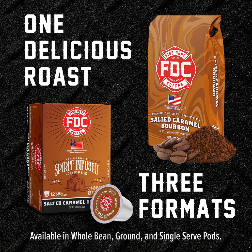 Salted Caramel Bourbon Infused Coffee Pods box and pod beside a matching coffee bag in a format comparison
