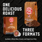Salted Caramel Bourbon Infused Coffee bag, pod box and single pod showing the available coffee formats