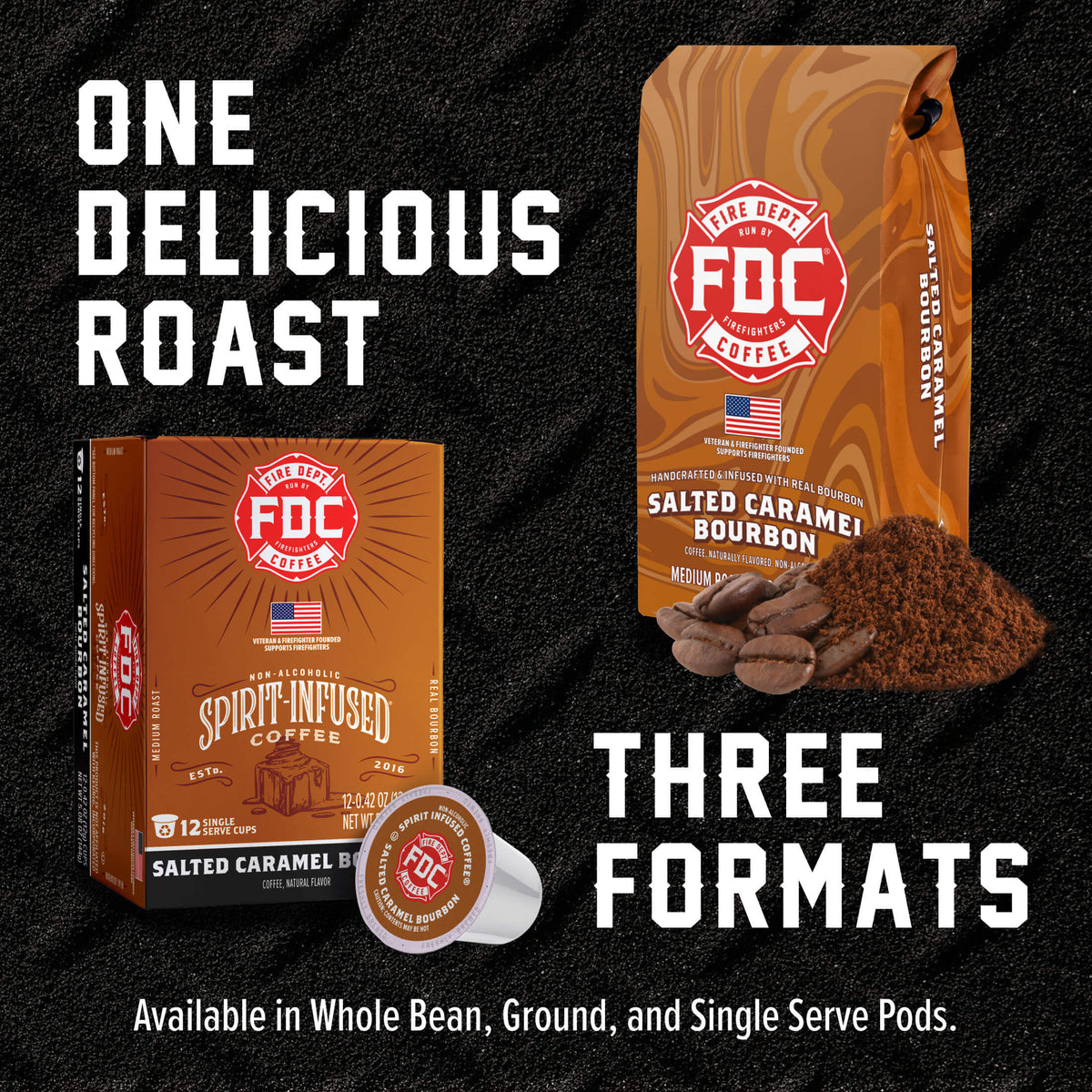 Salted Caramel Bourbon Infused Coffee bag, pod box and single pod showing the available coffee formats
