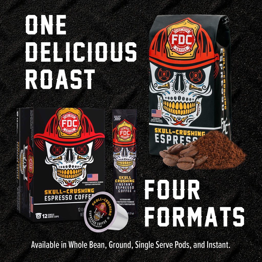 Skull-Crushing Espresso bag, pod box, single pod and instant pouch in a format comparison