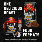 Skull-Crushing Espresso bag, pod box, single pod and instant pouch in a format comparison
