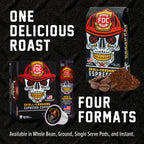 Skull-Crushing Espresso bag, pod box, single pod and instant pouch showing four coffee formats