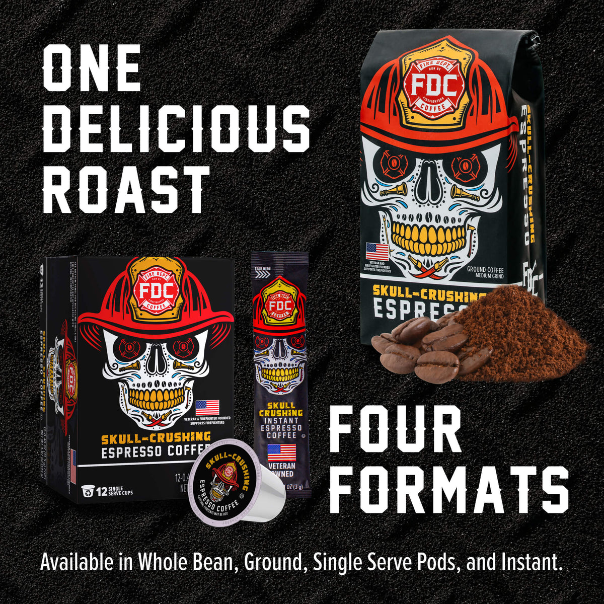 Skull-Crushing Espresso bag, pod box, single pod and instant pouch showing four coffee formats