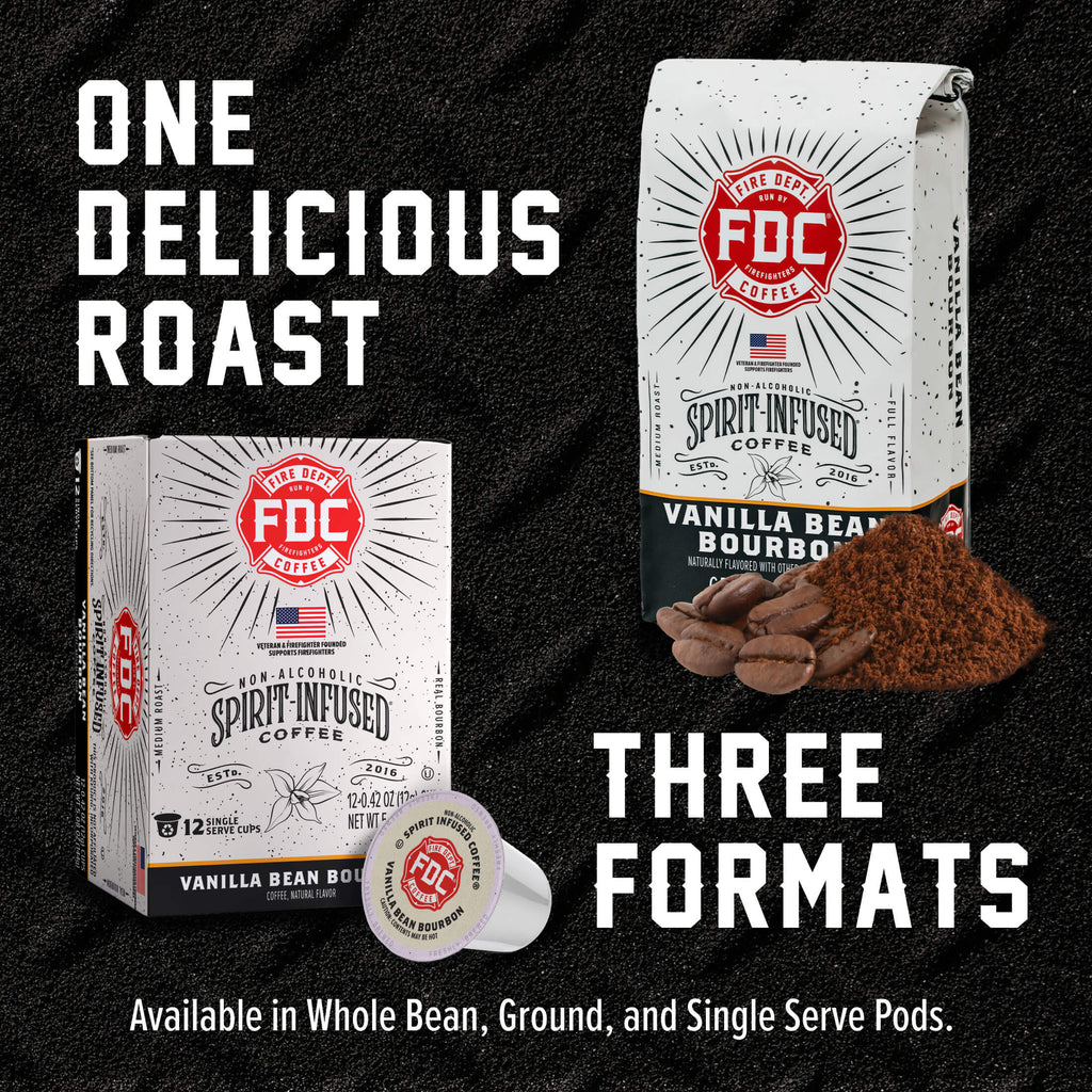 Vanilla Bean Bourbon Infused Coffee bag, pod box and single pod showing the available coffee formats