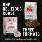 Vanilla Bean Bourbon Infused Coffee bag, pod box and single pod showing the available coffee formats