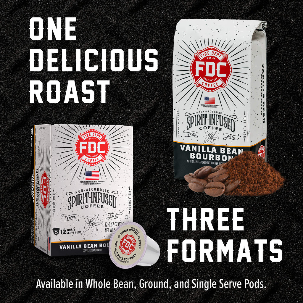 Vanilla Bean Bourbon Infused Coffee Pods box and pod beside a matching coffee bag in a format comparison