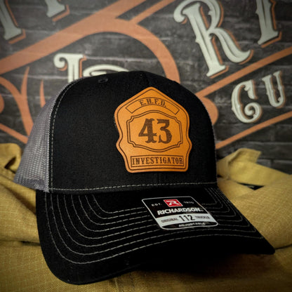 Custom fire department hat with leather shield patch