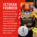 Salted Caramel Skull-Crushing Instant Coffee box beside the Fire Department Coffee founder story