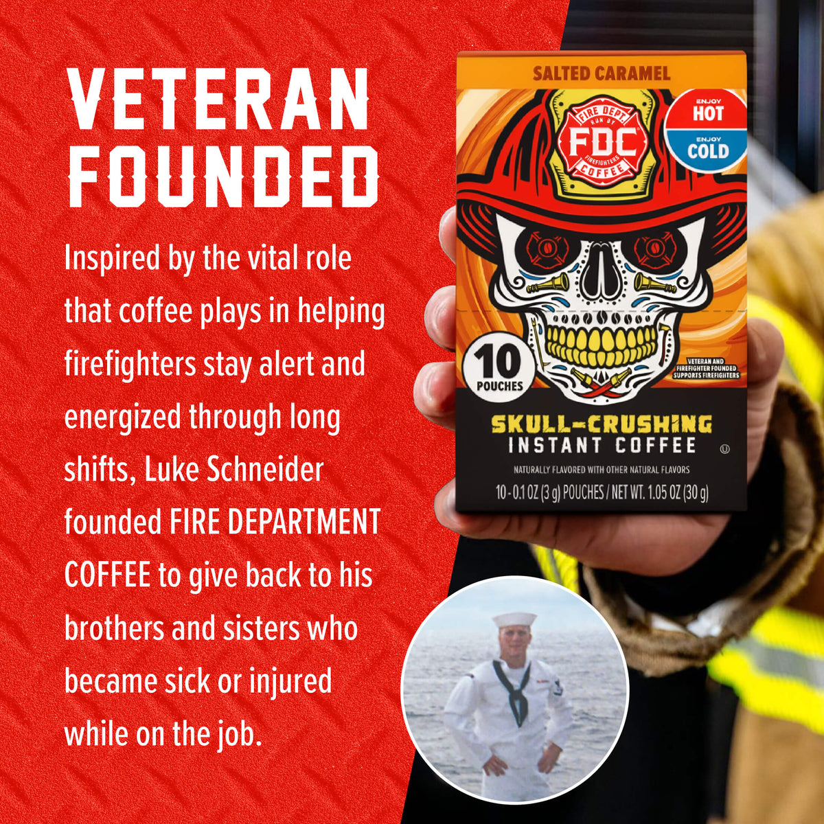 Salted Caramel Skull-Crushing Instant Coffee box beside the Fire Department Coffee founder story