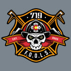 Firefighter hat with FOOLS 719 skull patch – custom leather detail on Richardson SM-MD Flexfit