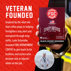 Black Cherry Bourbon Infused Coffee Pods box beside the Fire Department Coffee founder story