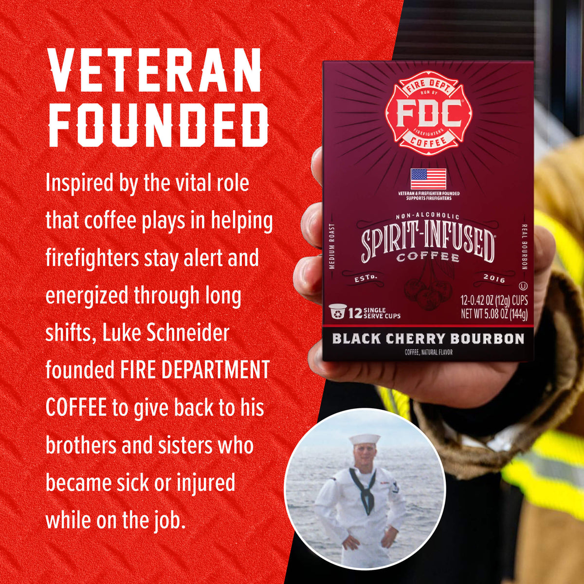 Black Cherry Bourbon Infused Coffee Pods box beside the Fire Department Coffee founder story