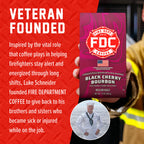 Black Cherry Bourbon Infused Coffee packaging beside the Fire Department Coffee founder story