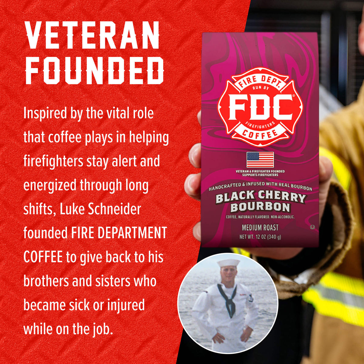 Black Cherry Bourbon Infused Coffee packaging beside the Fire Department Coffee founder story
