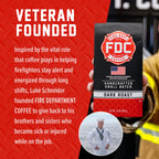 Dark Roast Coffee packaging beside the Fire Department Coffee founder story