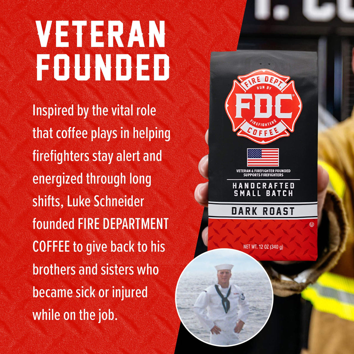 Dark Roast Coffee packaging beside the Fire Department Coffee founder story