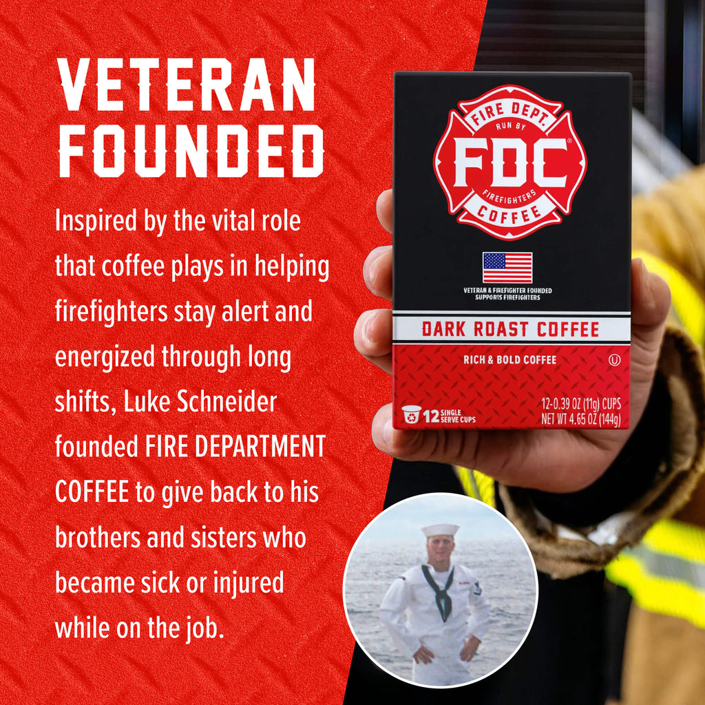 Dark Roast Coffee Pods box beside the Fire Department Coffee founder story