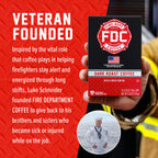 Dark Roast Coffee Pods box beside the Fire Department Coffee founder story