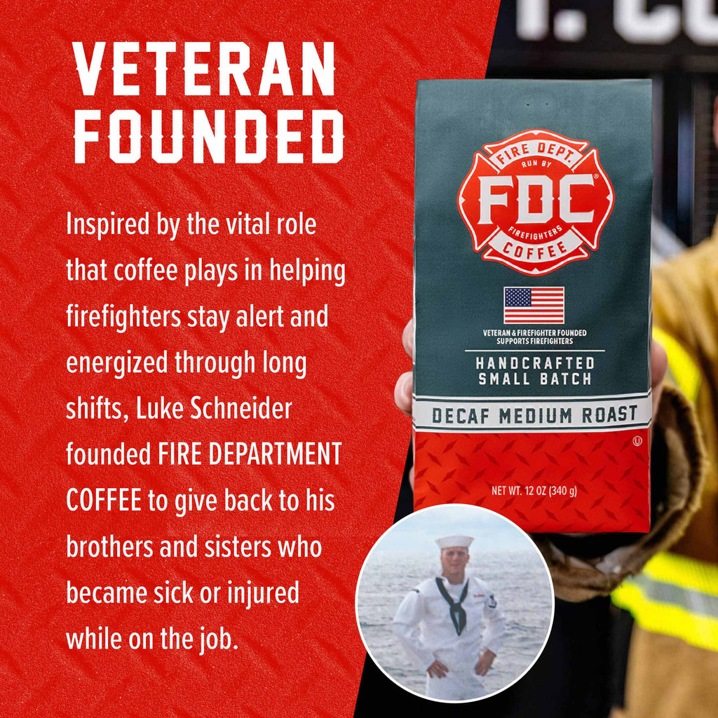Decaf Coffee packaging beside the Fire Department Coffee founder story