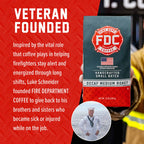 Decaf Coffee packaging beside the Fire Department Coffee founder story
