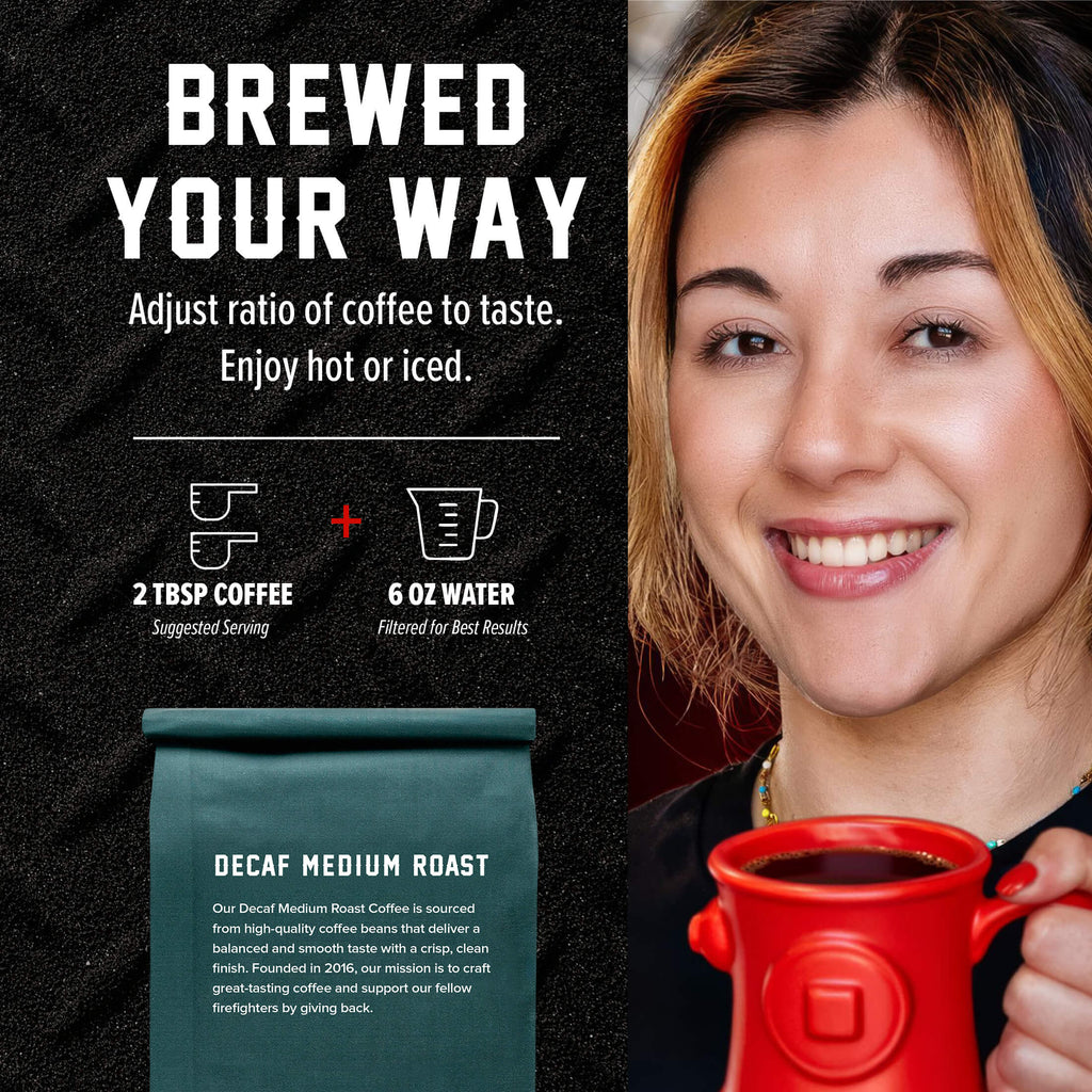 Decaf Coffee brewing ratio guide beside a woman holding a red mug