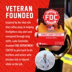 Donut Shop Coffee Pods box beside the Fire Department Coffee founder story