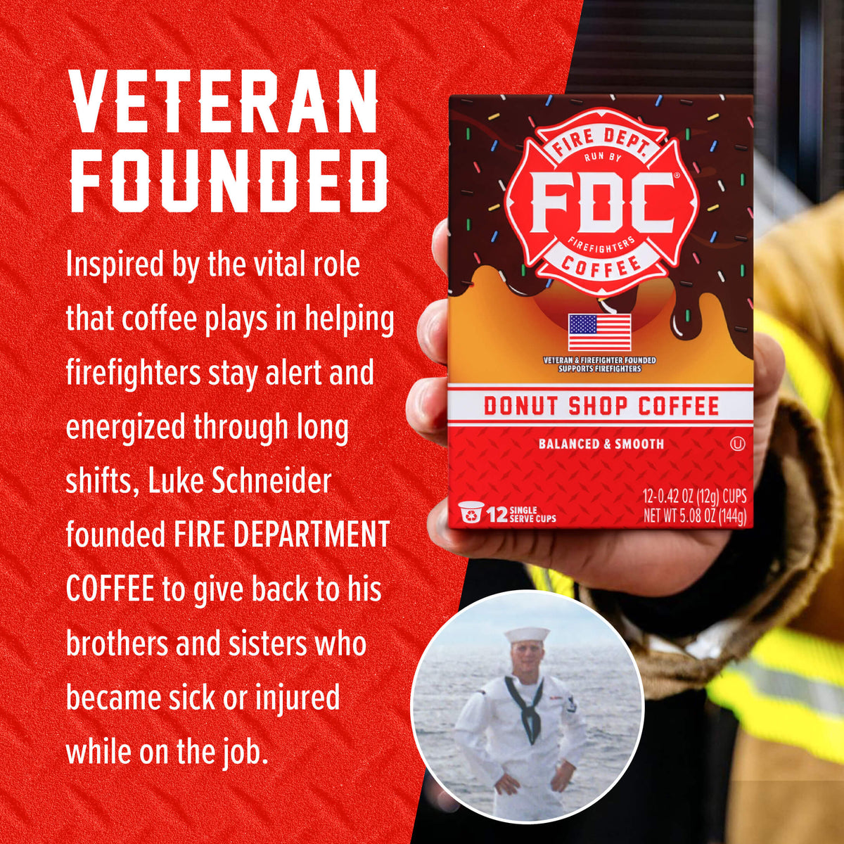 Donut Shop Coffee Pods box beside the Fire Department Coffee founder story