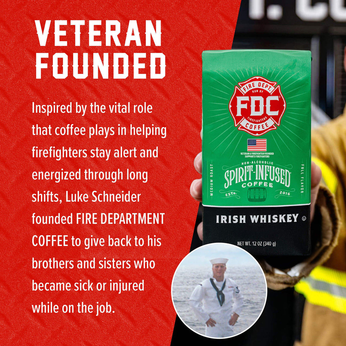 Irish Whiskey Infused Coffee packaging beside the Fire Department Coffee founder story