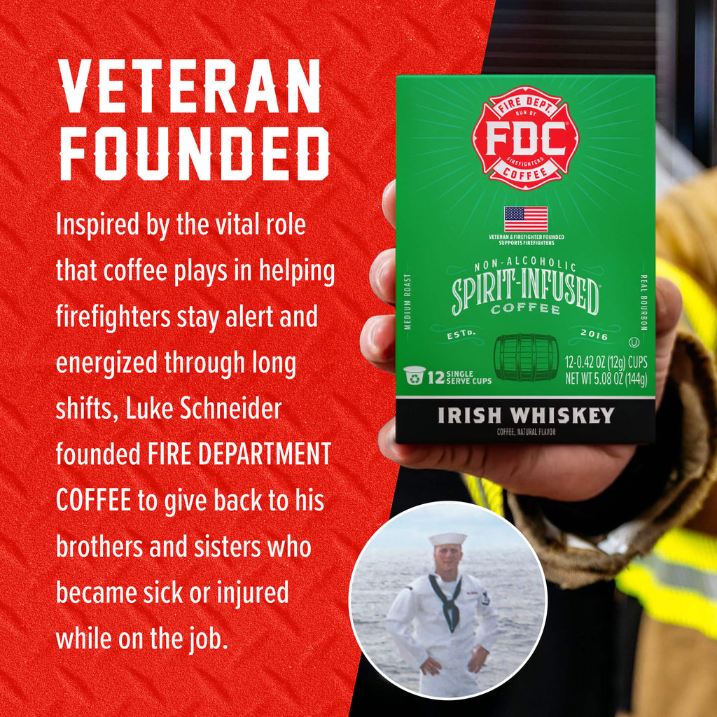 Irish Whiskey Infused Coffee Pods box beside the Fire Department Coffee founder story