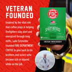 Irish Whiskey Infused Coffee Pods box beside the Fire Department Coffee founder story