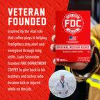 Original Medium Roast Coffee Pods box beside the Fire Department Coffee founder story