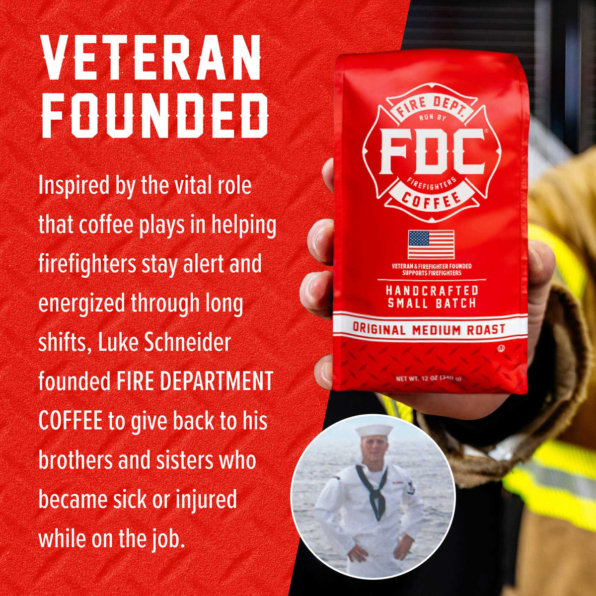 Original Medium Roast Coffee packaging beside the Fire Department Coffee founder story