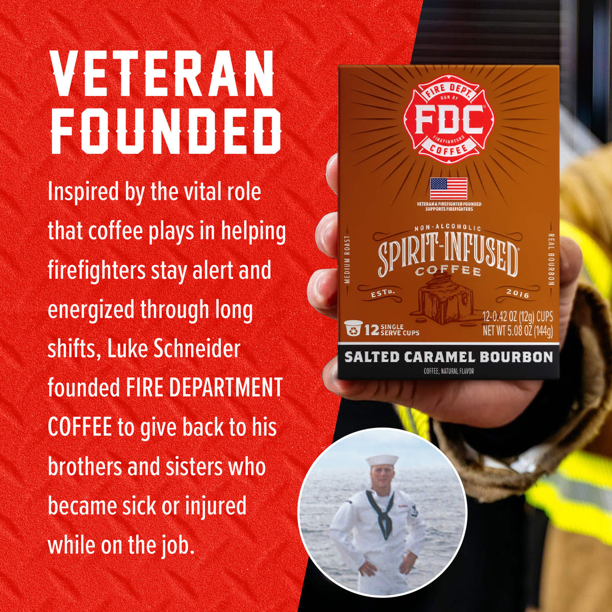 Salted Caramel Bourbon Infused Coffee Pods box beside the Fire Department Coffee founder story