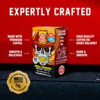 Salted Caramel Skull-Crushing Instant Coffee box with labeled product features