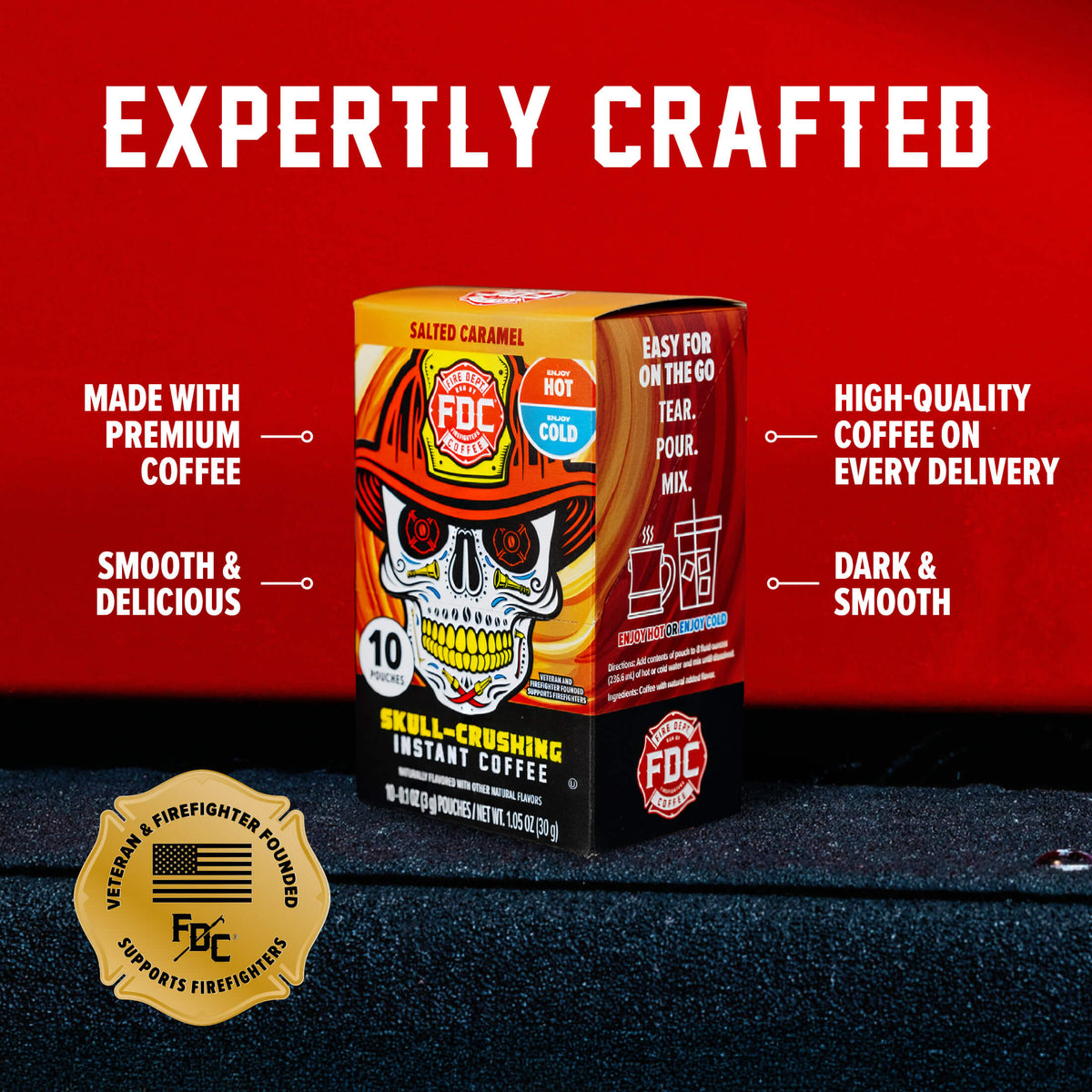 Salted Caramel Skull-Crushing Instant Coffee box with labeled product features