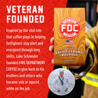 Salted Caramel Bourbon Infused Coffee packaging beside the Fire Department Coffee founder story