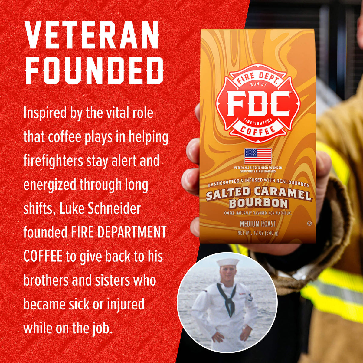 Salted Caramel Bourbon Infused Coffee packaging beside the Fire Department Coffee founder story