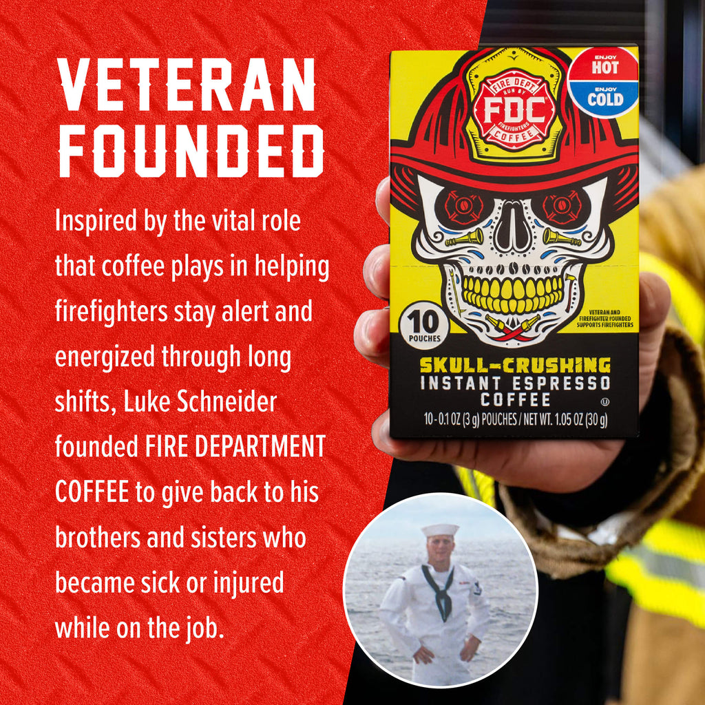 Skull-Crushing Instant Espresso Coffee box beside the Fire Department Coffee founder story