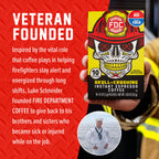 Skull-Crushing Instant Espresso Coffee box beside the Fire Department Coffee founder story