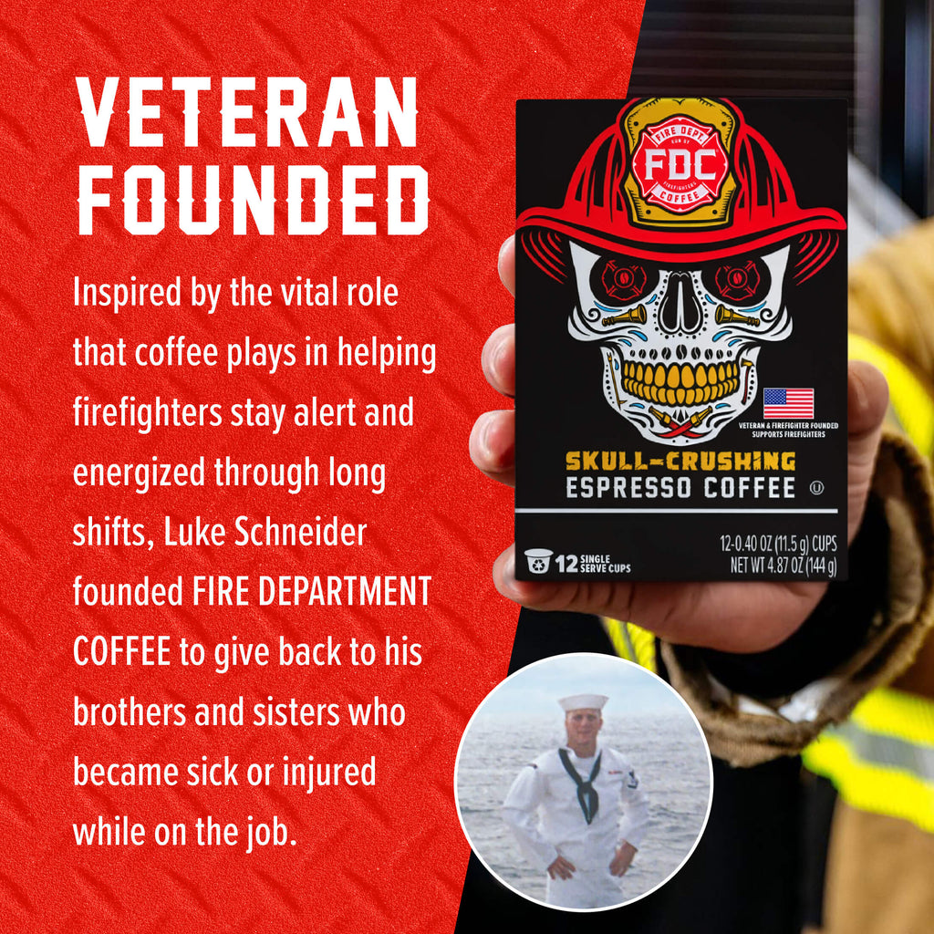 Skull-Crushing Espresso Pods box beside the Fire Department Coffee founder story