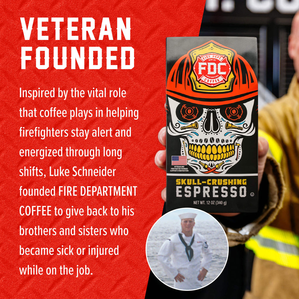 Skull-Crushing Espresso packaging beside the Fire Department Coffee founder story