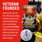 Skull-Crushing Espresso packaging beside the Fire Department Coffee founder story