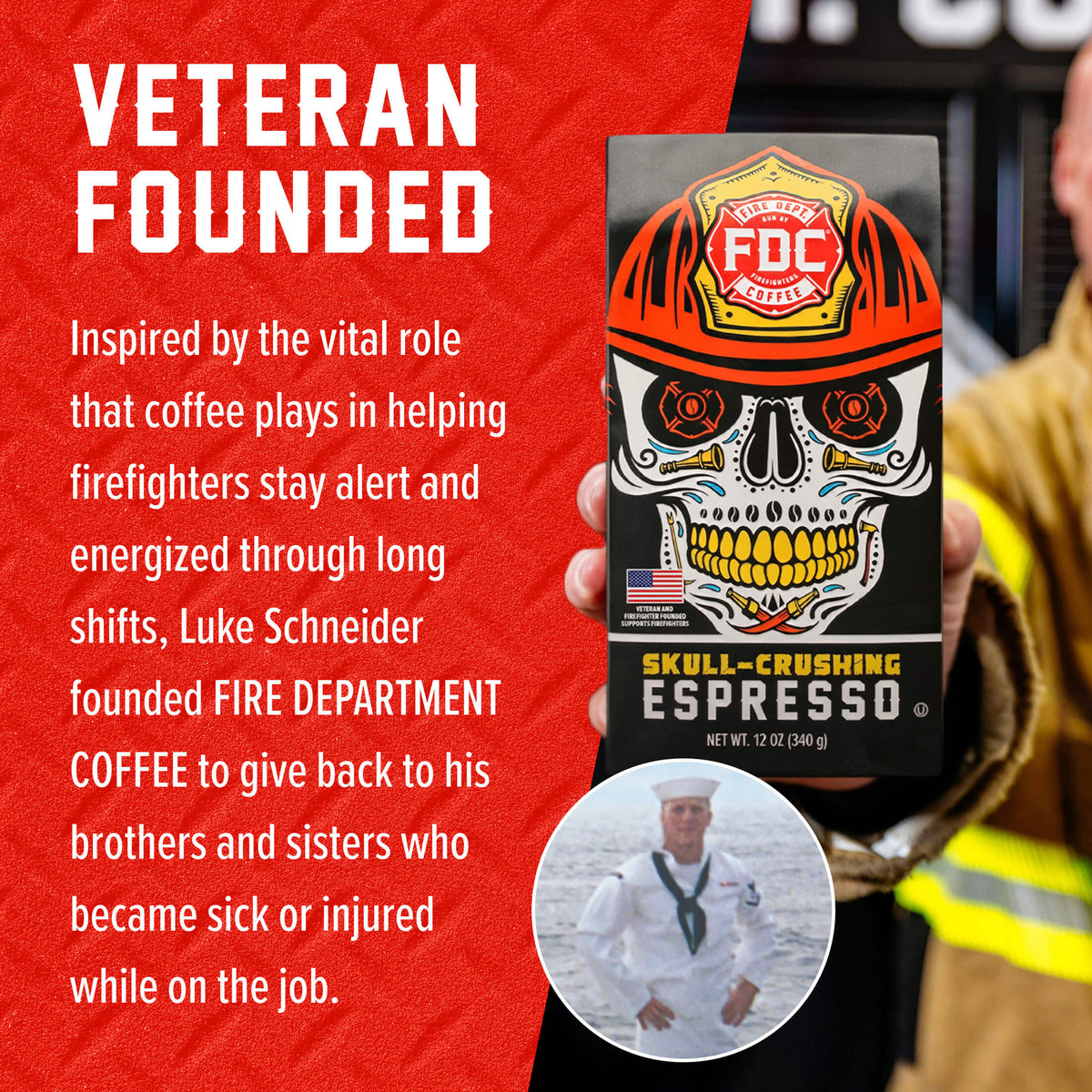 Skull-Crushing Espresso packaging beside the Fire Department Coffee founder story
