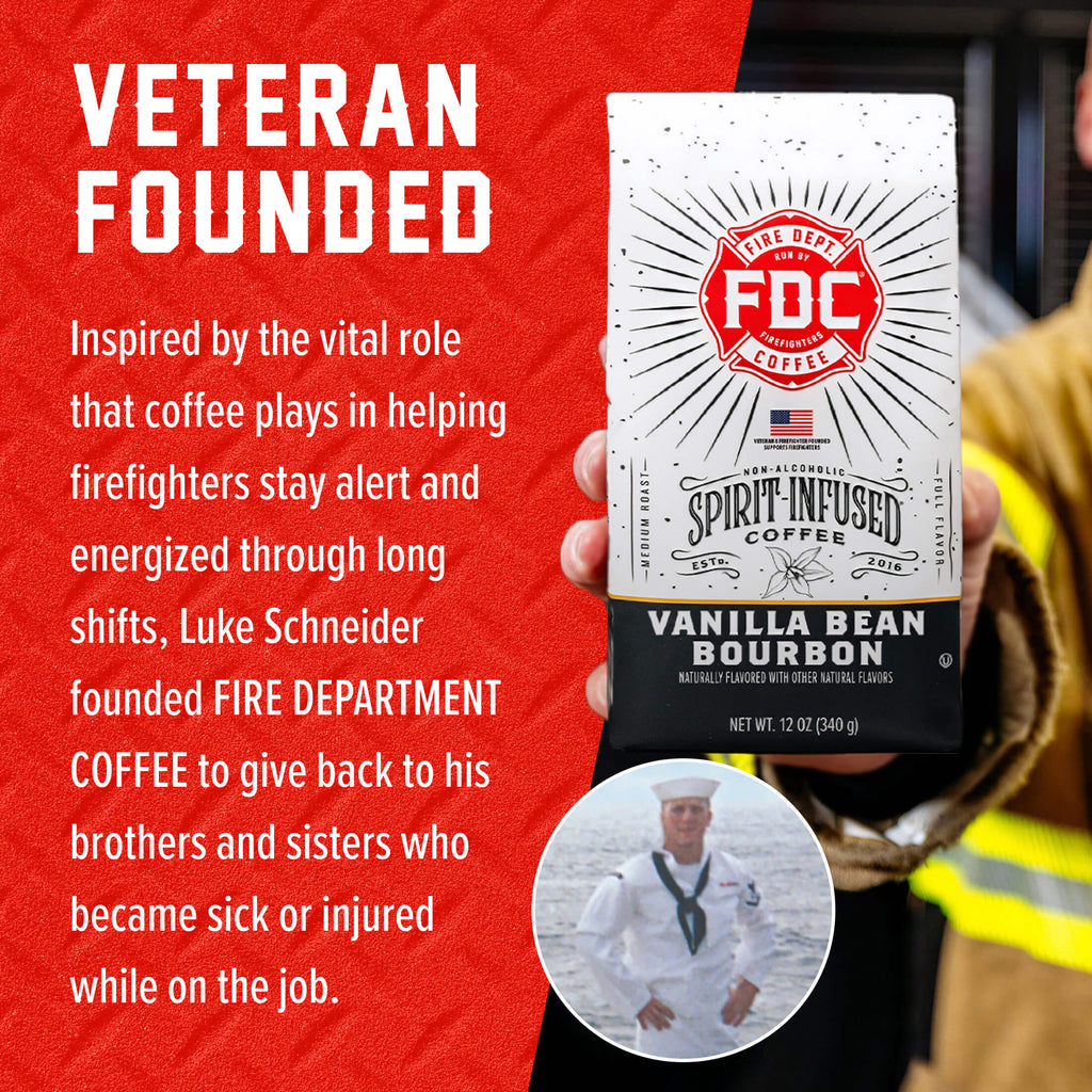 Vanilla Bean Bourbon Infused Coffee packaging beside the Fire Department Coffee founder story